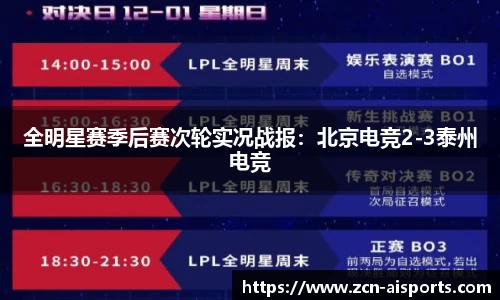 全明星赛季后赛次轮实况战报：北京电竞2-3泰州电竞